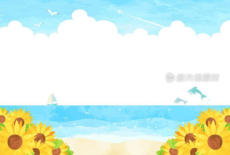 beautiful　watercolor　sea　&　sunflower　background　illustration　78